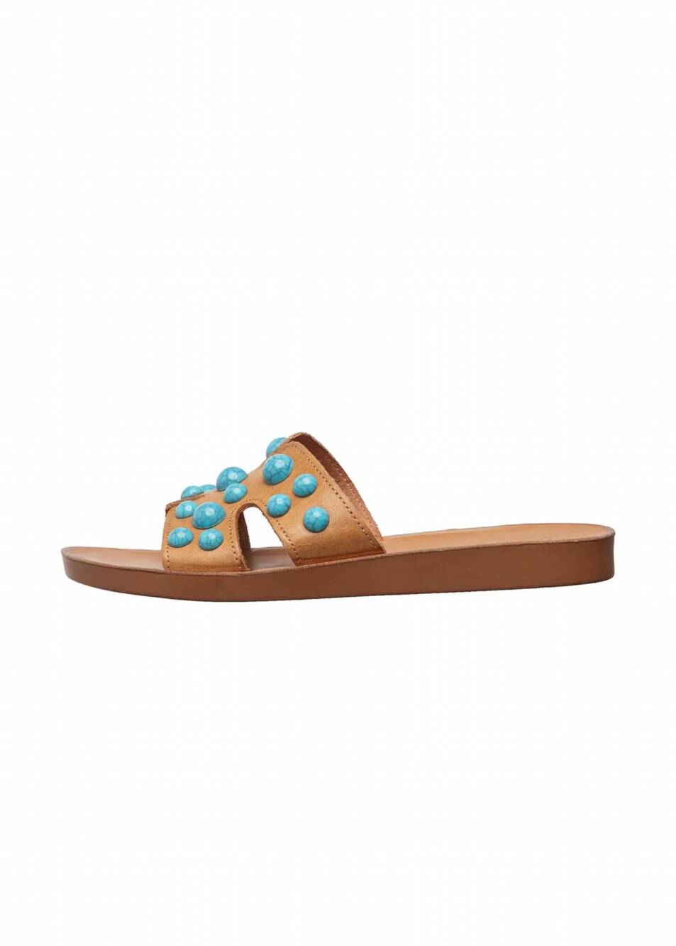 NEW ANTELOPE women's leather h-strap slide sandals with studs in taupe + turquoi
